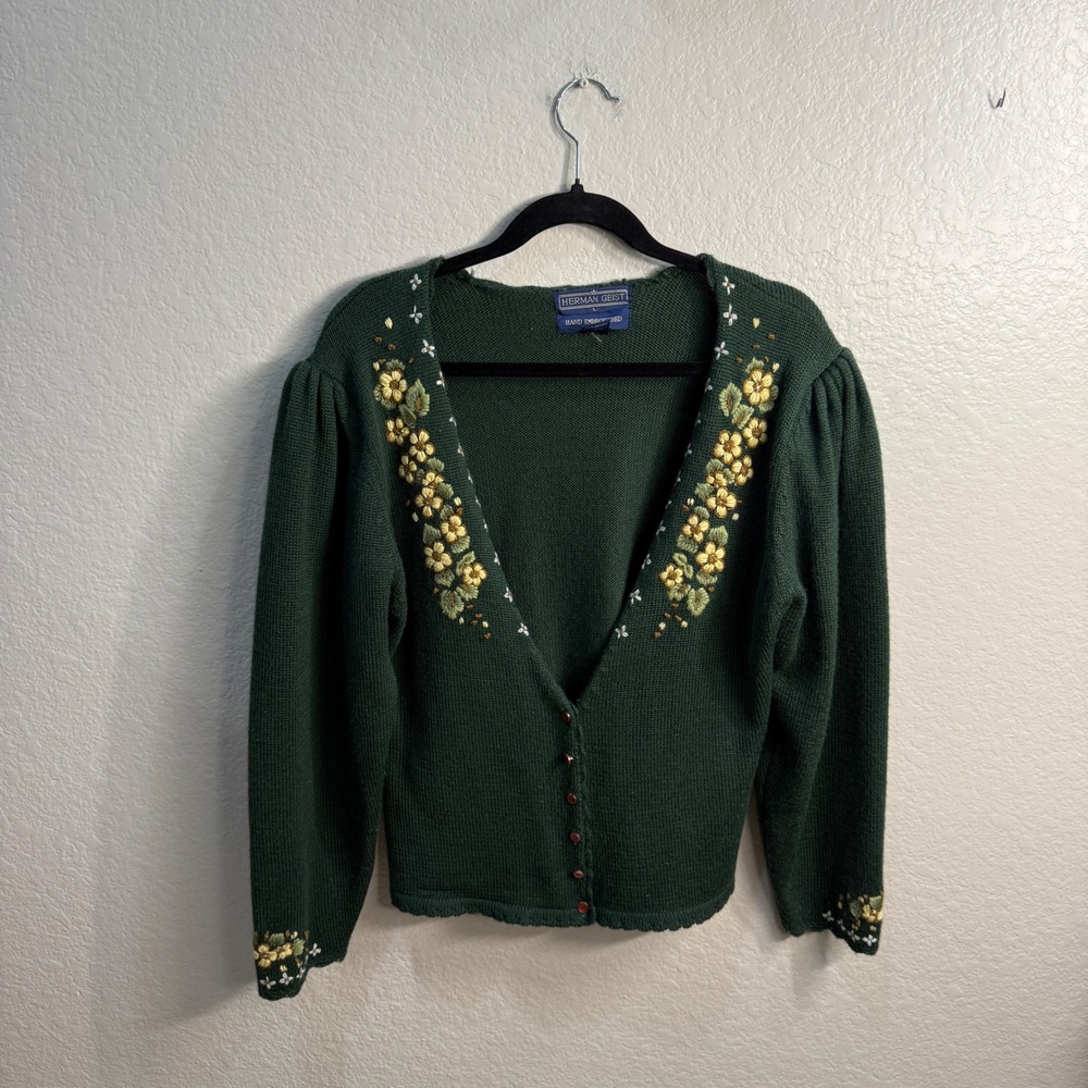 Herman Geist Vintage Hand Embroidered Wool Blend Cardigan Green Floral Large